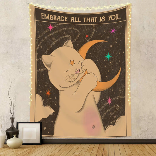 Embrace Cat and Moon Tapestry