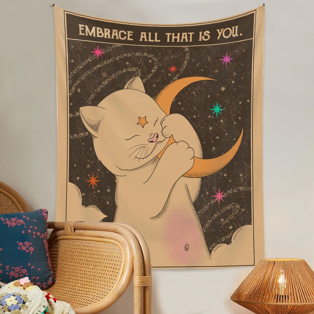 Embrace Cat and Moon Tapestry