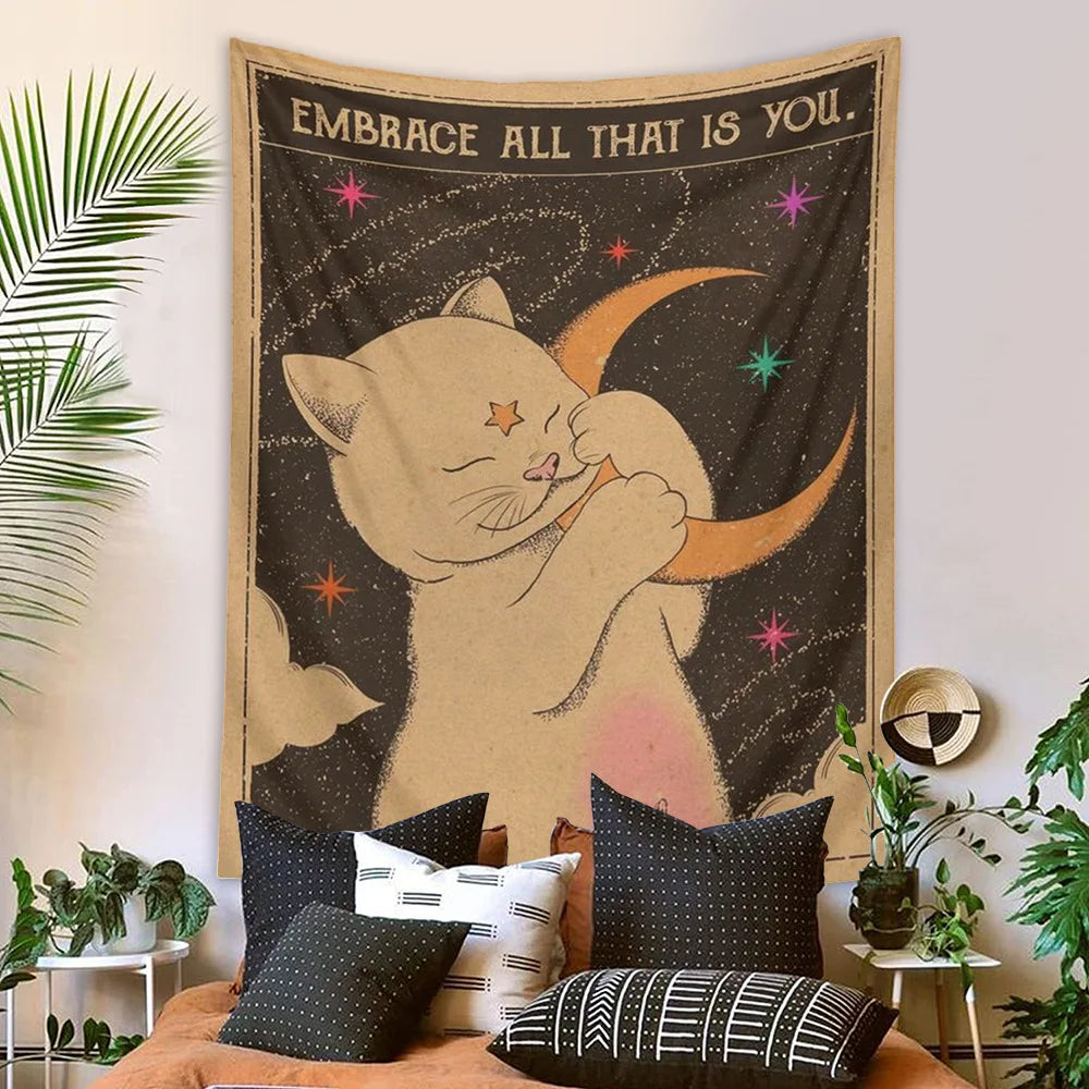 Embrace Cat and Moon Tapestry