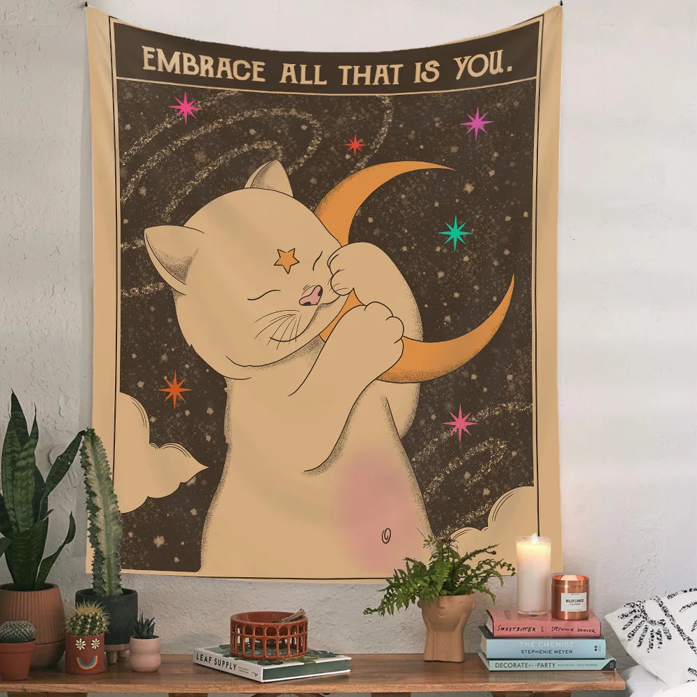 Embrace Cat and Moon Tapestry