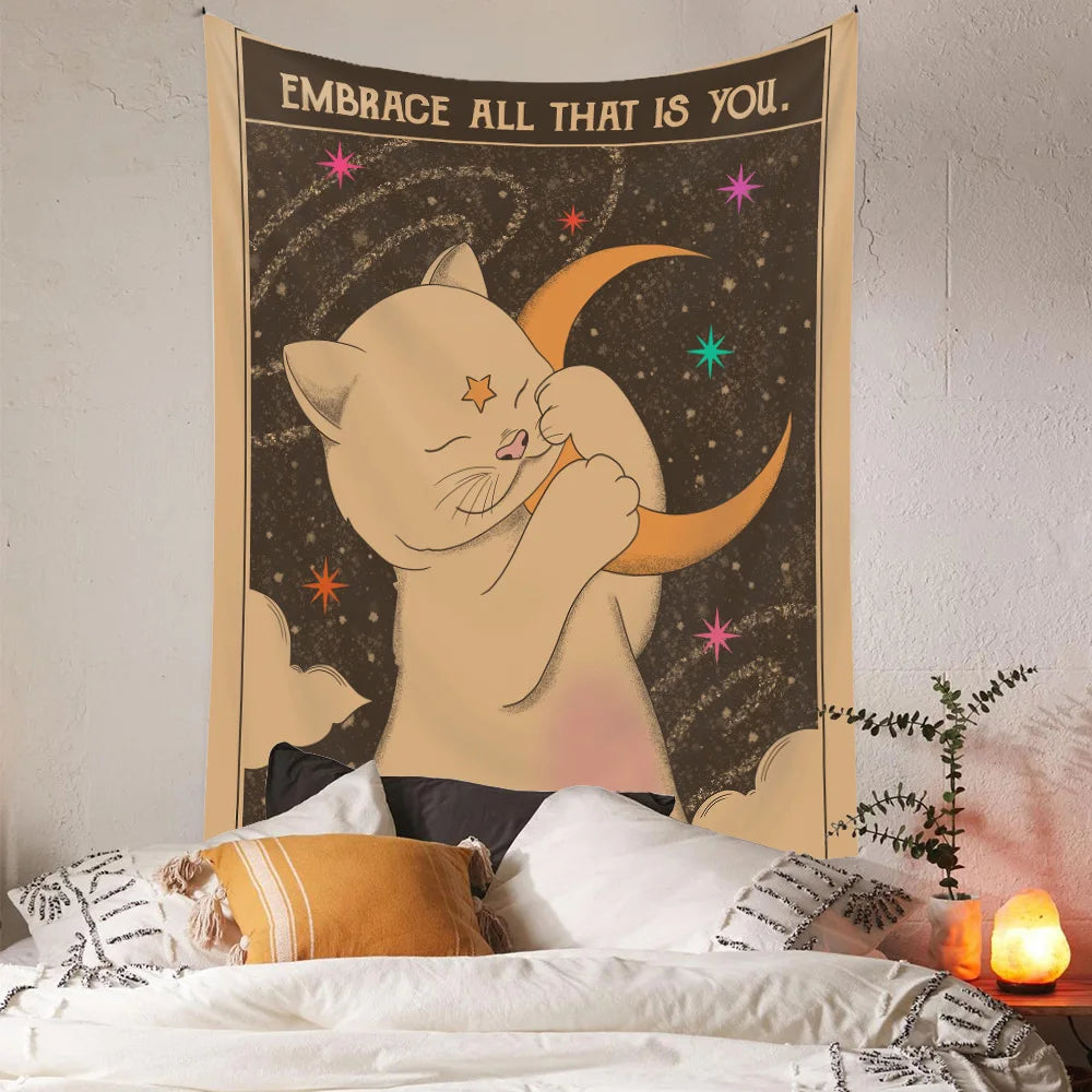 Embrace Cat and Moon Tapestry